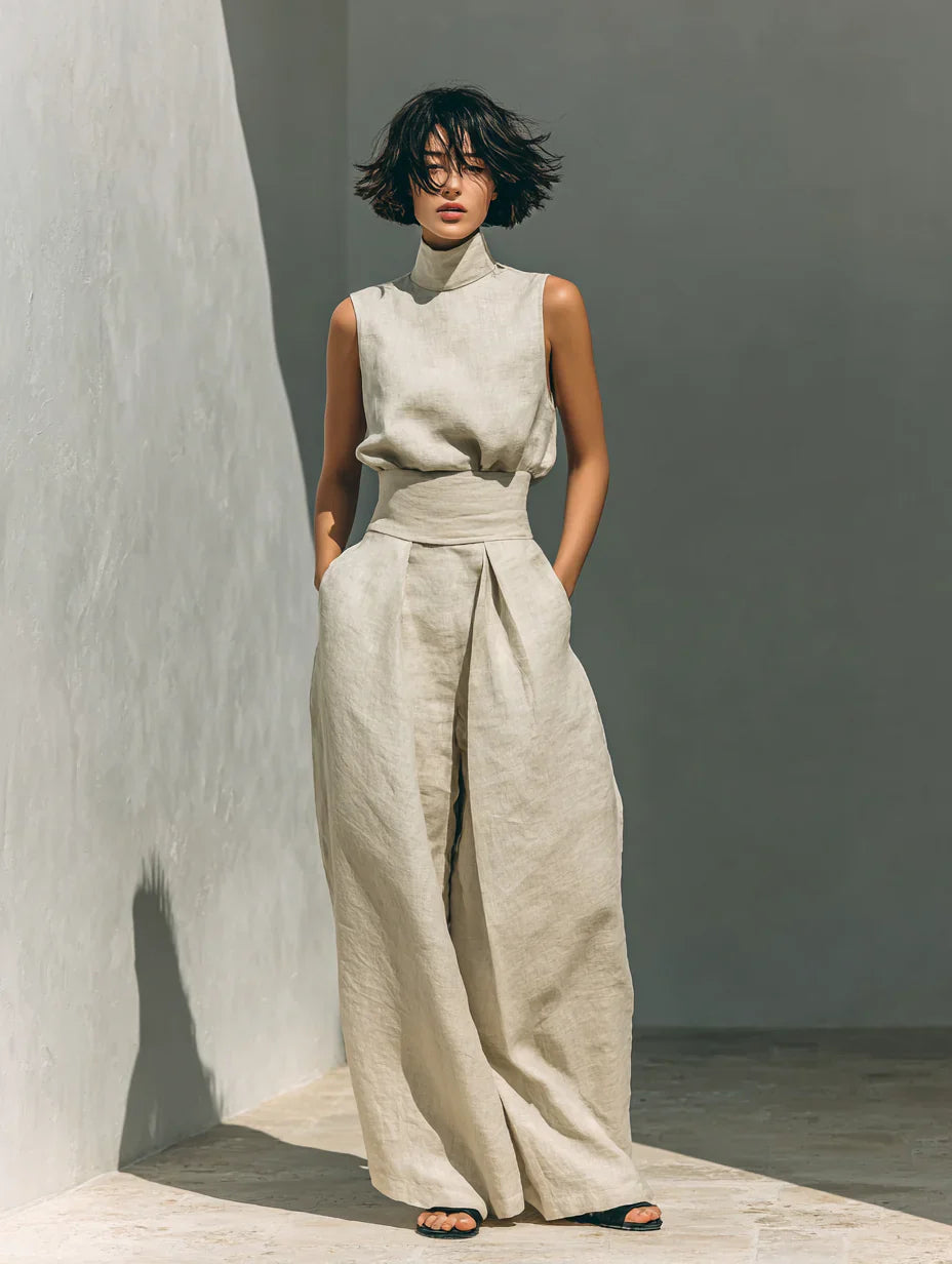 Maria - Conjunto minimalista de camiseta sin mangas y pantalón de pierna ancha de algodón y lino para mujer