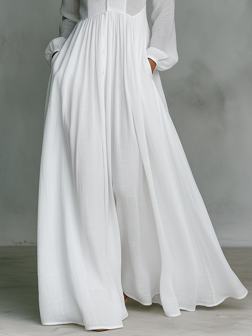 Elisa - Maxi minimalista de algodón y lino , cuello alto y mangas largas