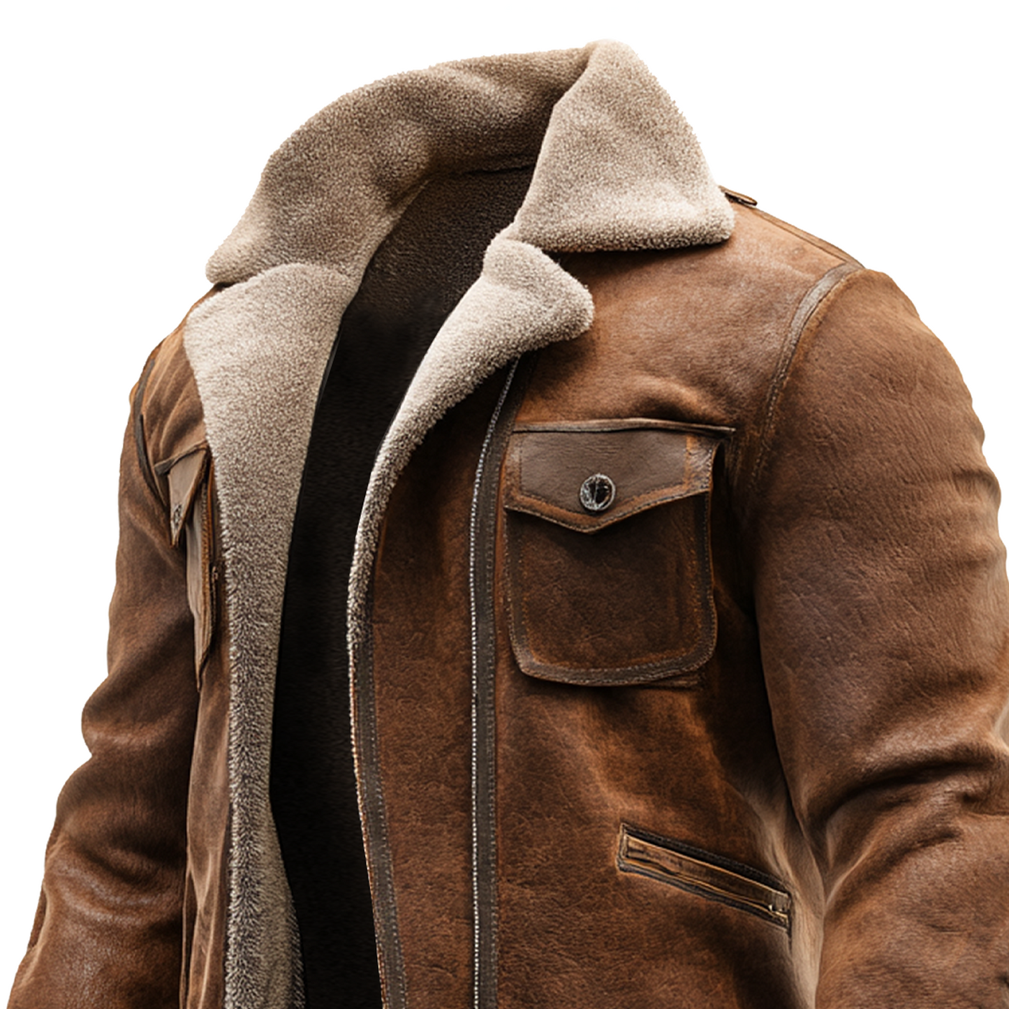 Eduardo - Chaqueta vintage de cuero marrón con forro de piel sintetica
