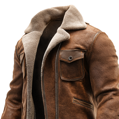Eduardo - Chaqueta vintage de cuero marrón con forro de piel sintetica