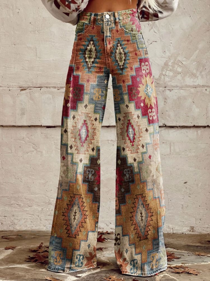 Pantalón palazzo boho Dakota de Vega Madrid, en tela ligera con estampado floral y cintura elástica, para un estilo cómodo y elegante.