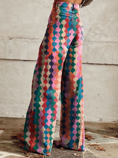 Pantalón geométrico vintage Amalia de Vega Madrid, con diseño colorido y estilo retro, en tela de alta calidad.