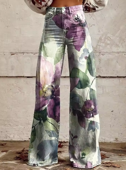 Pantalón floral acuarela Alessia de Vega Madrid, con diseño colorido y estampado de flores en tela ligera.