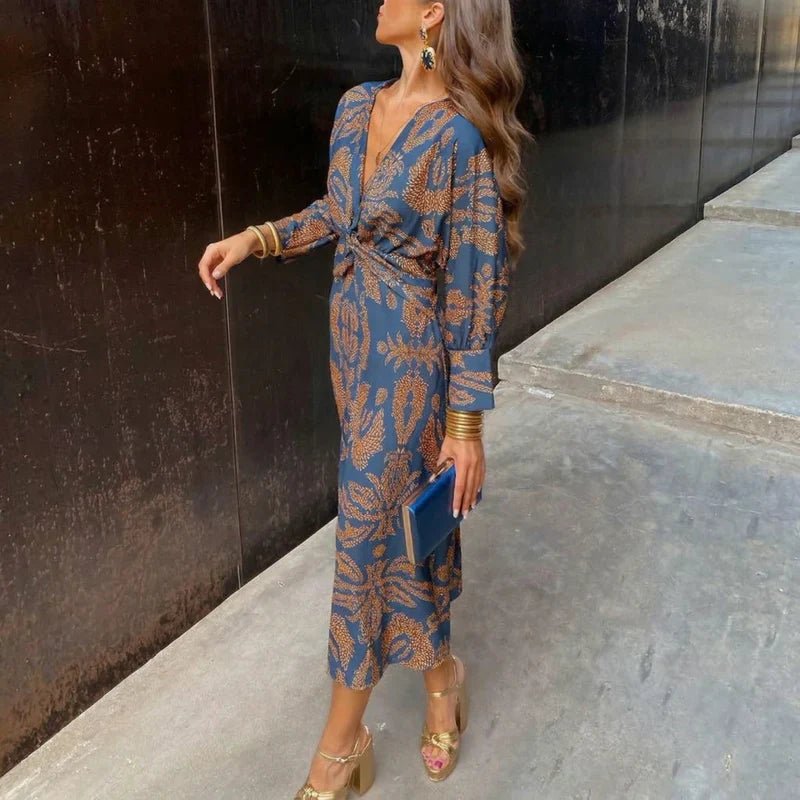 Isabel™ – Vestido de midi elegante con lazo en la cintura y estampado artístico