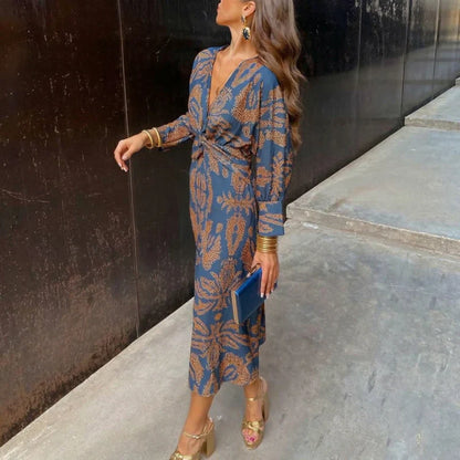 Isabel™ – Vestido de midi elegante con lazo en la cintura y estampado artístico