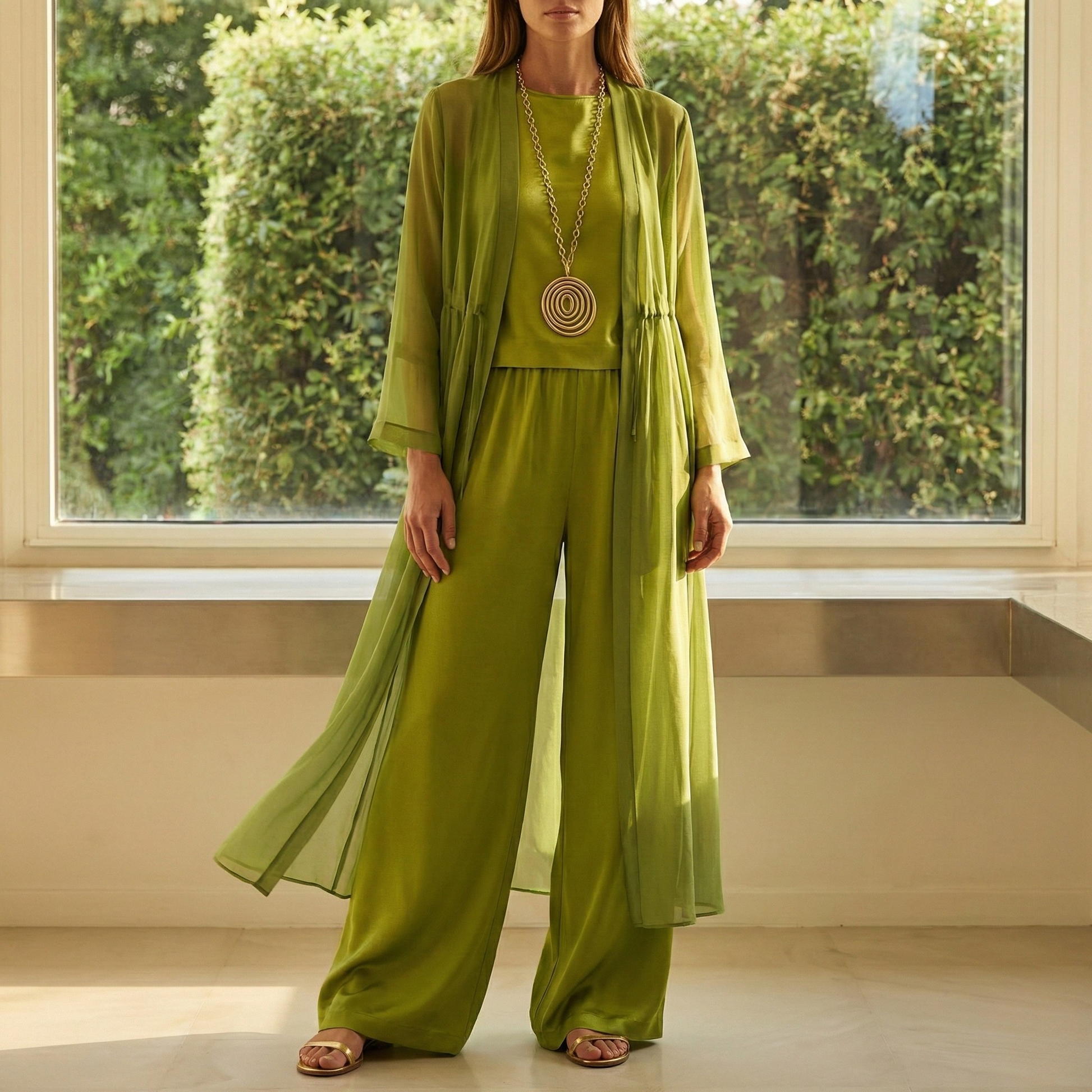 Conjunto fluido de tres piezas Aitana de Vega Madrid, con blusa, pantalón y blazer en tonos neutros, estilo elegante y sofisticado.