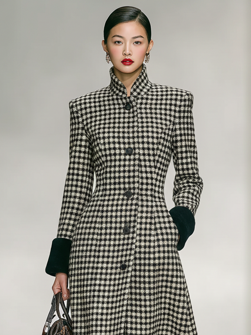Abrigo largo con motivo chevrón en mezcla tweed con cuello alto y bajo