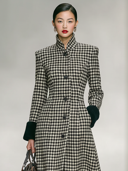 Abrigo largo con motivo chevrón en mezcla tweed con cuello alto y bajo