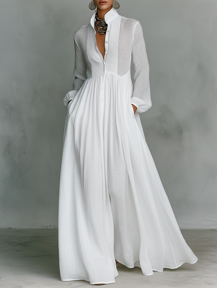 Elisa - Maxi minimalista de algodón y lino , cuello alto y mangas largas