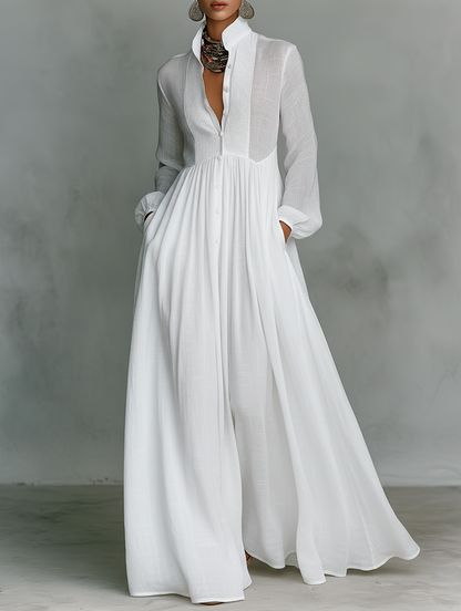 Elisa - Maxi minimalista de algodón y lino , cuello alto y mangas largas