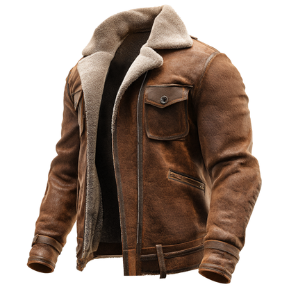 Eduardo - Chaqueta vintage de cuero marrón con forro de piel sintetica