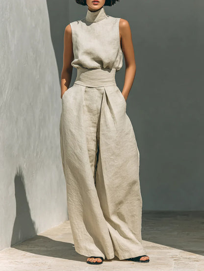 Maria - Conjunto minimalista de camiseta sin mangas y pantalón de pierna ancha de algodón y lino para mujer