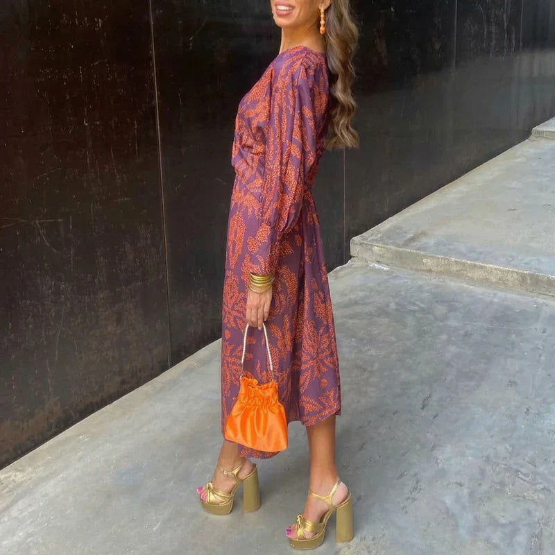 Isabel™ – Vestido de midi elegante con lazo en la cintura y estampado artístico