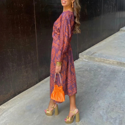 Isabel™ – Vestido de midi elegante con lazo en la cintura y estampado artístico