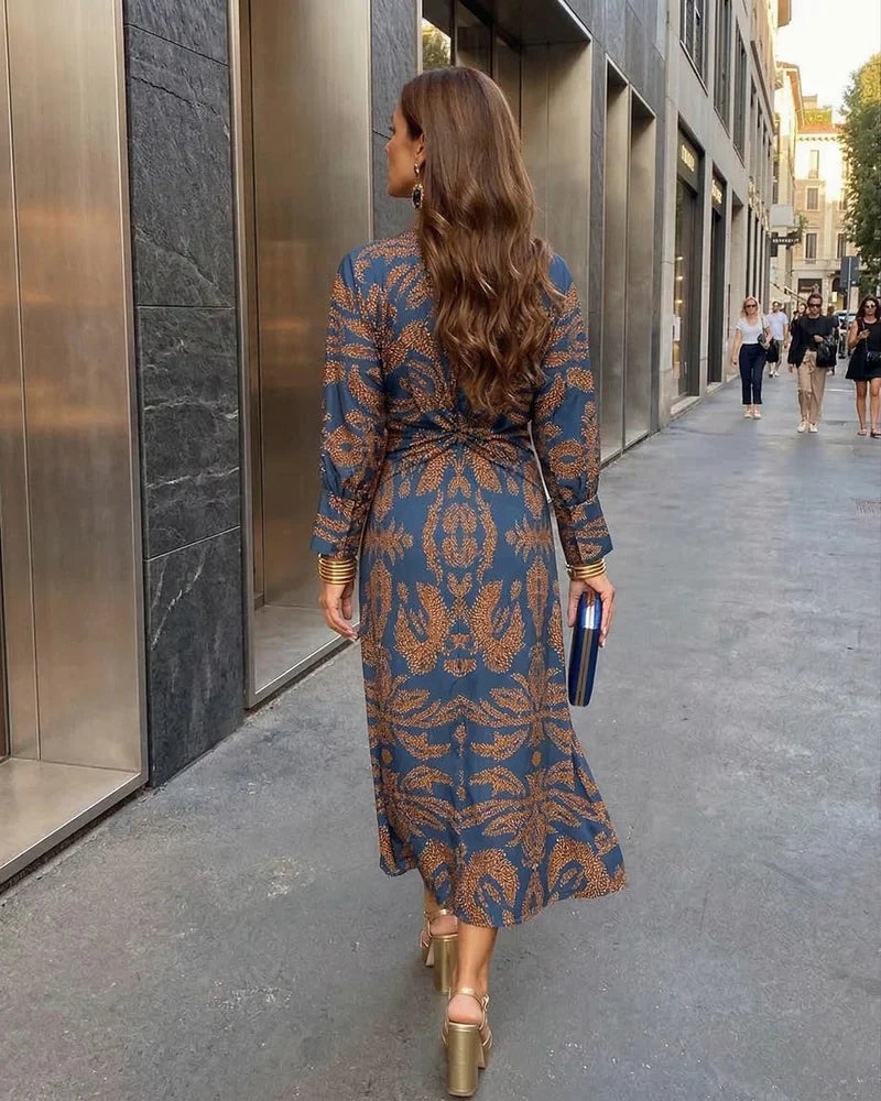 Isabel™ – Vestido de midi elegante con lazo en la cintura y estampado artístico