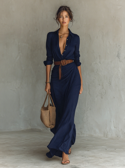 Victoria - Vestido largo de mujer con solapa, corte de una sola fila de botones, manga larga y cinturón
