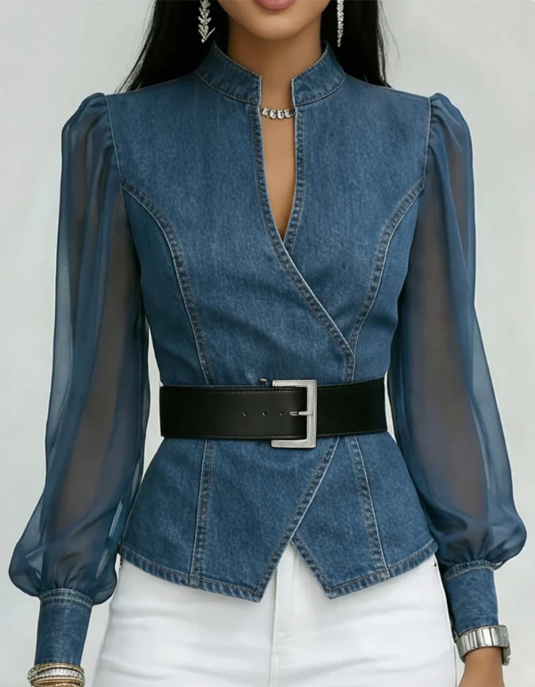 Alessia - Top de denim con mangas de chiffon ligero