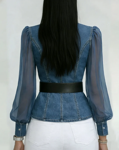 Alessia - Top de denim con mangas de chiffon ligero
