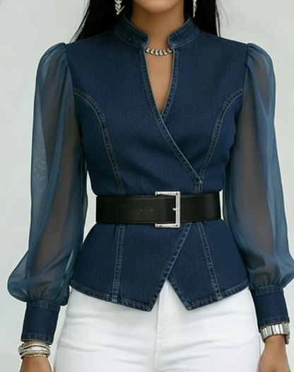 Alessia - Top de denim con mangas de chiffon ligero