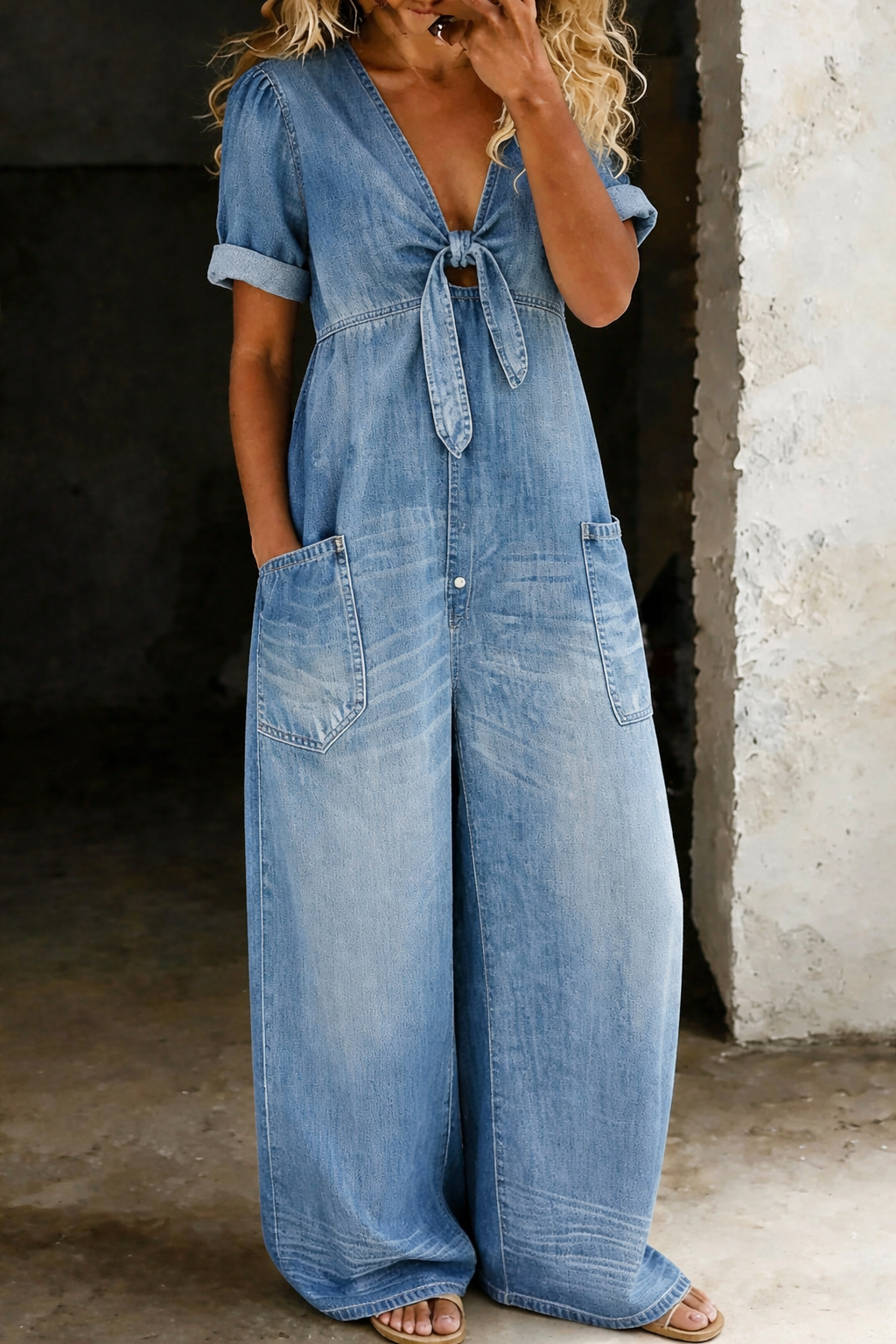 Laura™ | Mono de denim con cuello en V