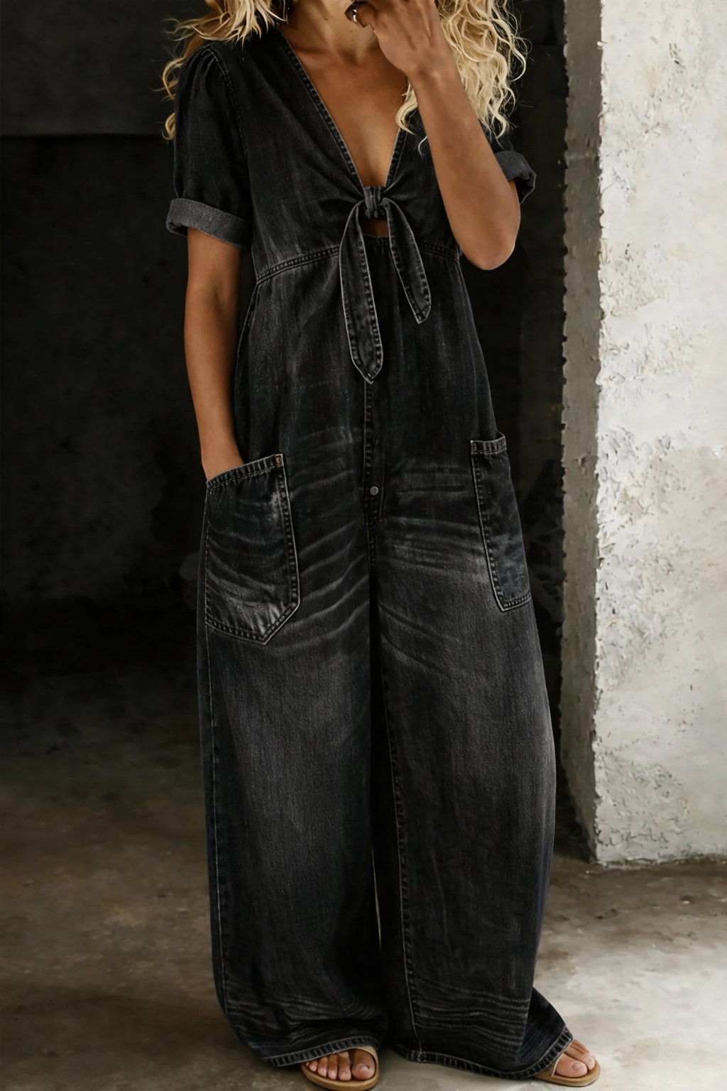 Laura™ | Mono de denim con cuello en V