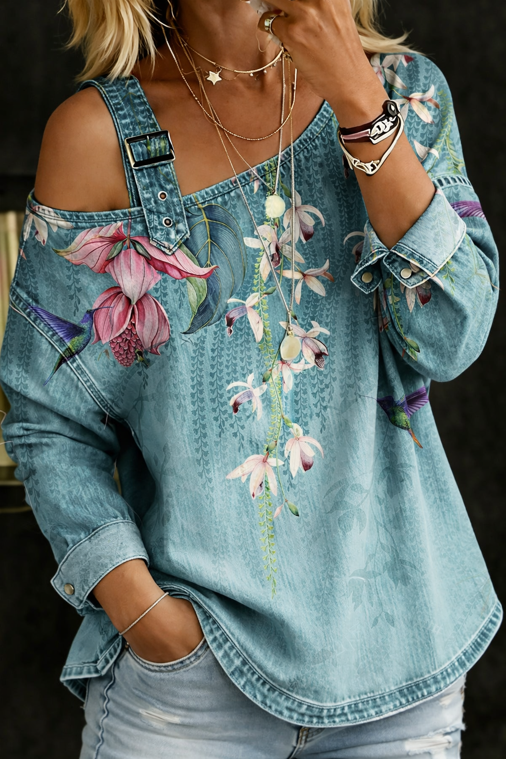 Julia™ | Top de denim con hombros al aire