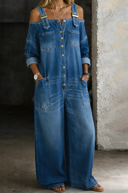 Elena™ | Mono de denim con hombros al aire