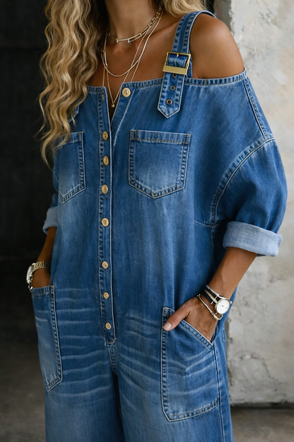 Elena™ | Mono de denim con hombros al aire