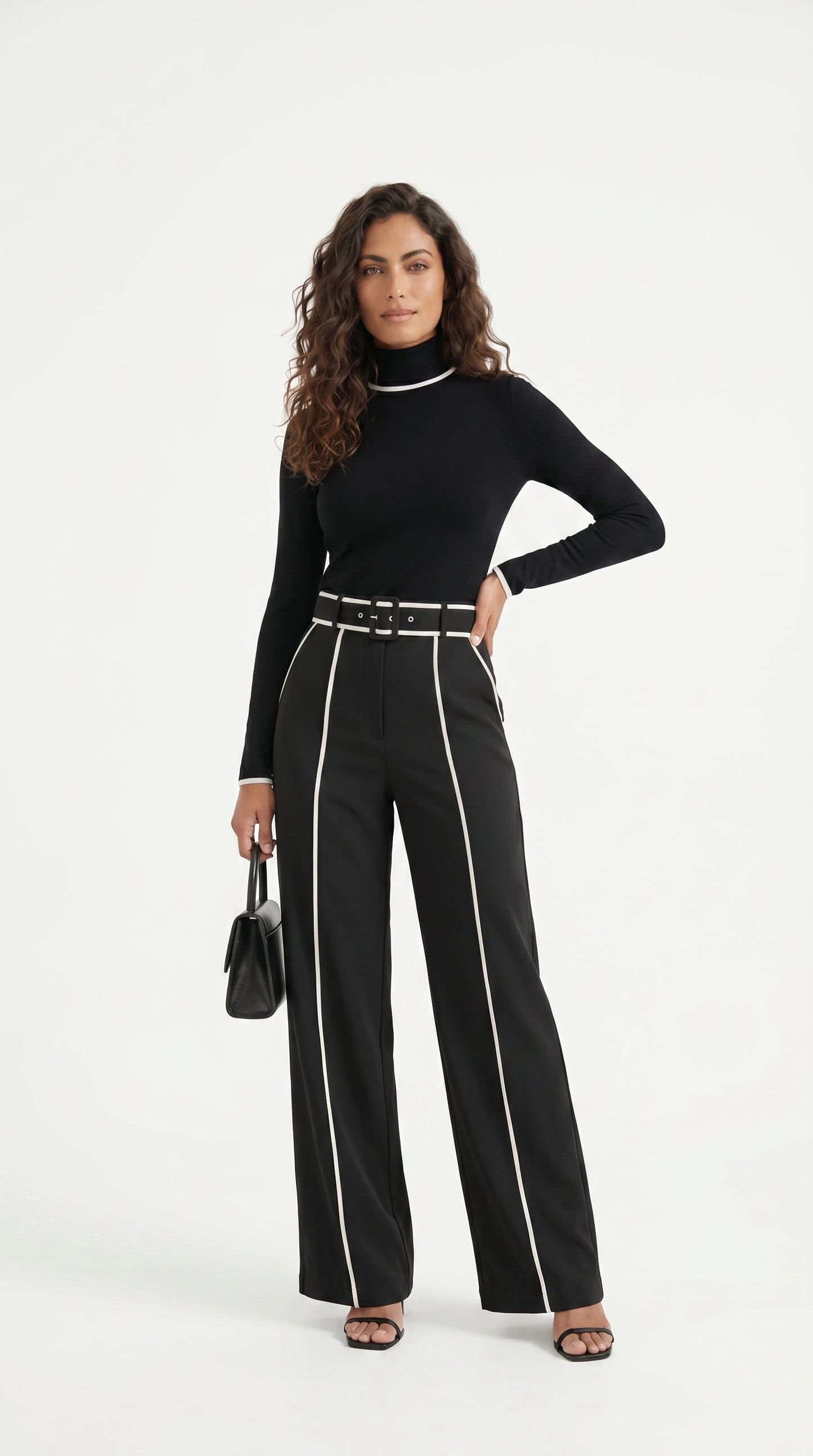 Soledad - Conjunto de camiseta de manga larga y escote con pantalones de pierna ancha y cinturon