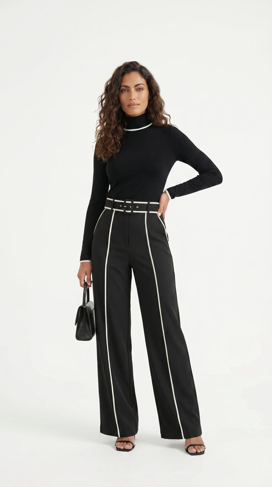 Soledad - Conjunto de camiseta de manga larga y escote con pantalones de pierna ancha y cinturon