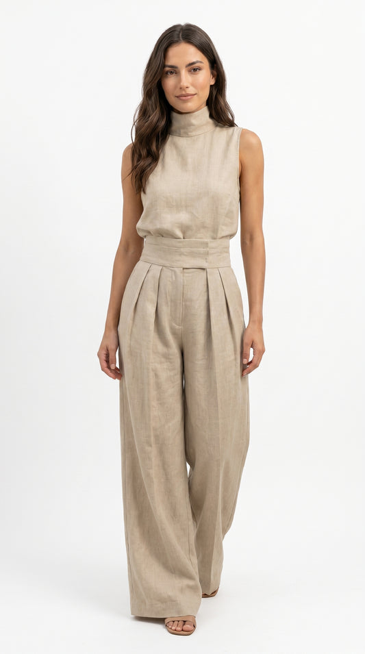 Maria - Conjunto minimalista de camiseta sin mangas y pantalón de pierna ancha de algodón y lino para mujer
