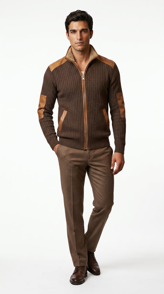 Eduardo - Chaqueta vintage de cuero marrón con forro de piel sintetica