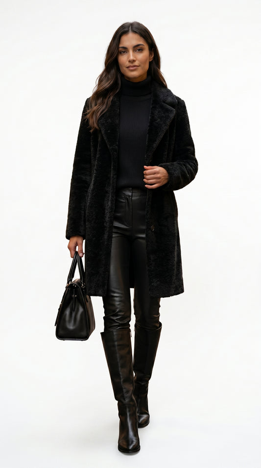 Abrigo de piel sintetica de mujer con cuello de solapa