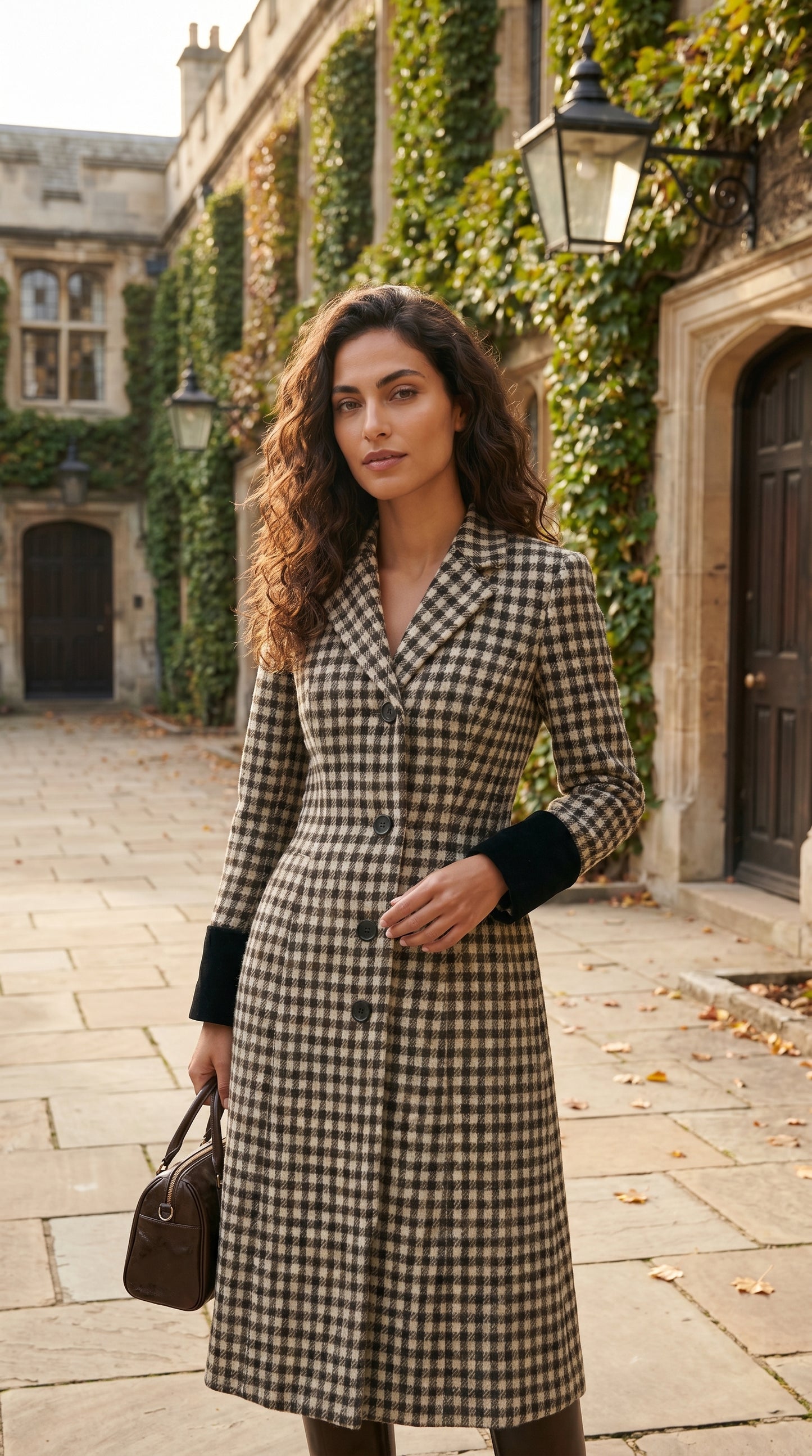 Abrigo largo con motivo chevrón en mezcla tweed con cuello alto y bajo