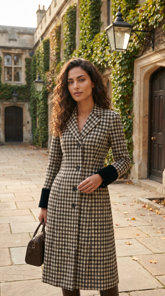 Abrigo largo con motivo chevrón en mezcla tweed con cuello alto y bajo