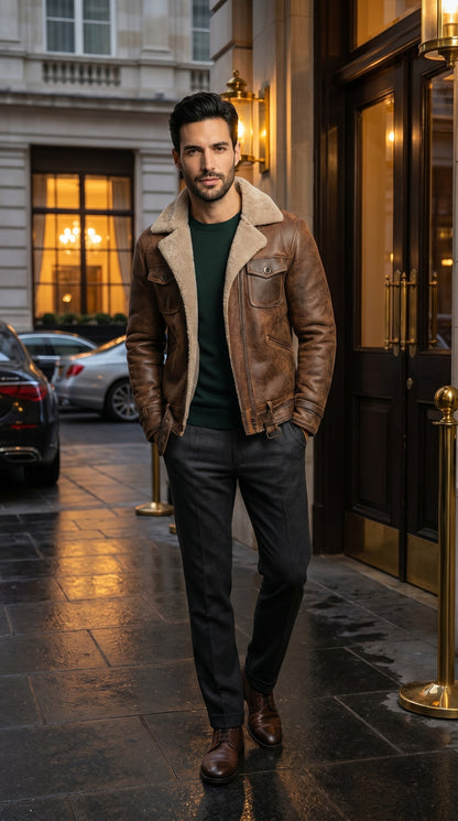 Eduardo - Chaqueta vintage de cuero marrón con forro de piel sintetica