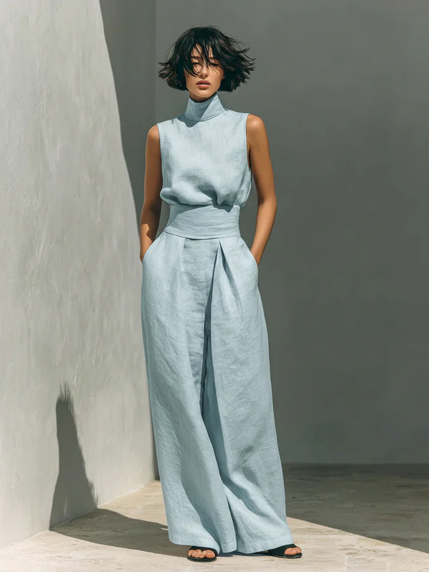 Maria - Conjunto minimalista de camiseta sin mangas y pantalón de pierna ancha de algodón y lino para mujer