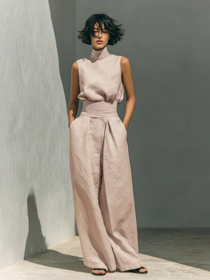 Maria - Conjunto minimalista de camiseta sin mangas y pantalón de pierna ancha de algodón y lino para mujer