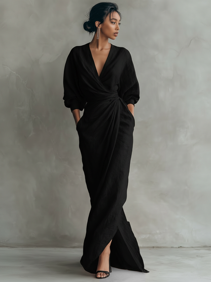 Vestido largo de lino rosa con cuello en V