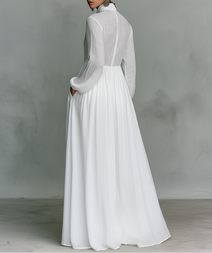 Elisa - Maxi minimalista de algodón y lino , cuello alto y mangas largas