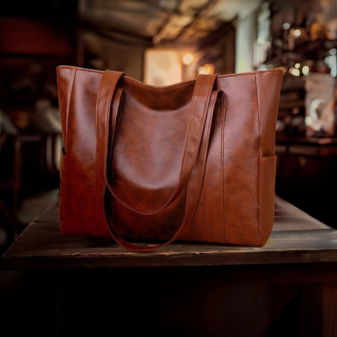 Bolso tote de piel Abigail de Vega Madrid, elegante y clásico, con asas robustas y detalles en piel de alta calidad.