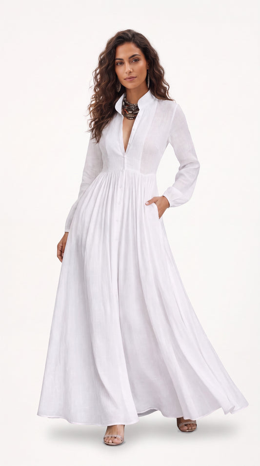 Andrea | Vestido Blanco Elegante con Escote en V y Manga Larga