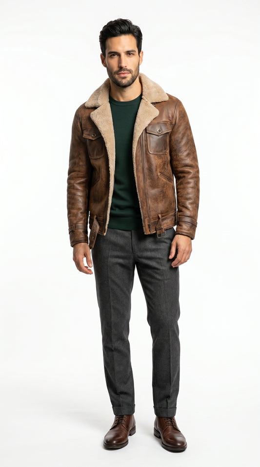 Eduardo - Chaqueta vintage de cuero marrón con forro de piel sintetica