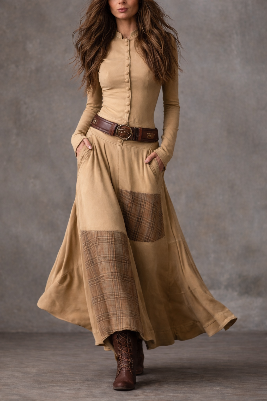 Andrea | Vestido Largo con Cinturón y Detalles a Cuadros - Vega Madrid