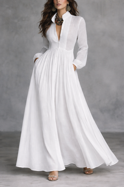 Andrea | Vestido Blanco Elegante con Escote en V y Manga Larga - Vega Madrid