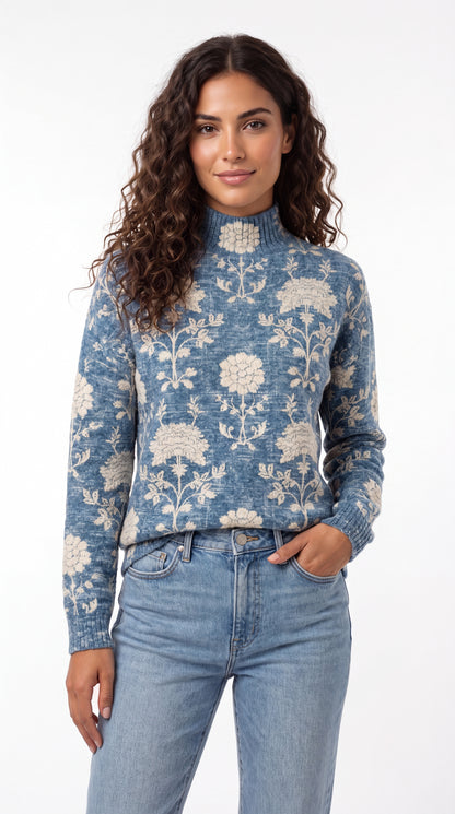 Clara | Jersey Floral con Cuello Alto y Tejido Suave