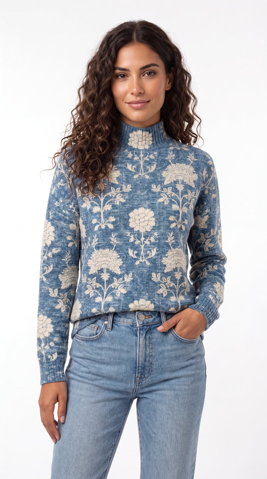 Clara | Jersey Floral con Cuello Alto y Tejido Suave
