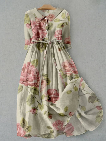 Vestido vintage de verano Amalfi de Vega Madrid con estampado de rosas eternas y cinturilla ajustable para mujer.