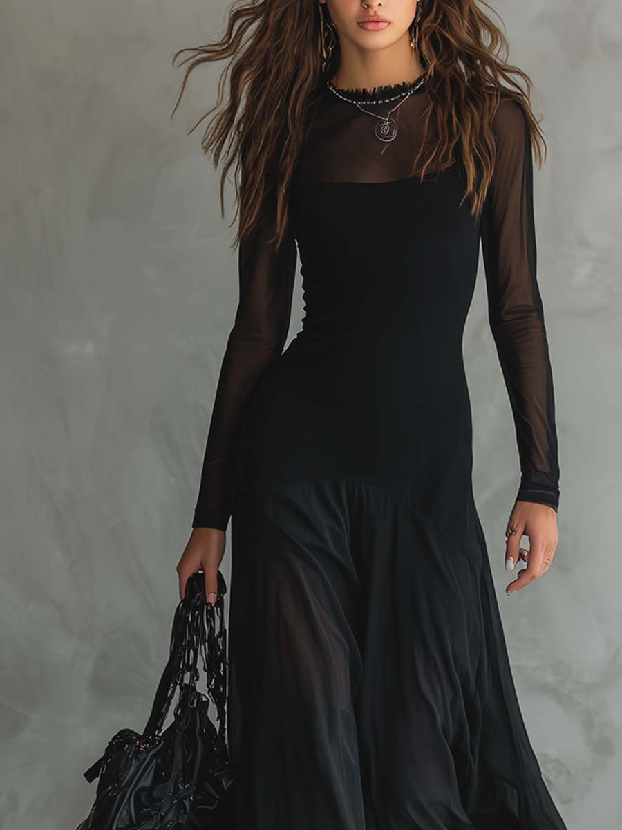 Andrea | Vestido Largo con Malla Transparente - Vega Madrid