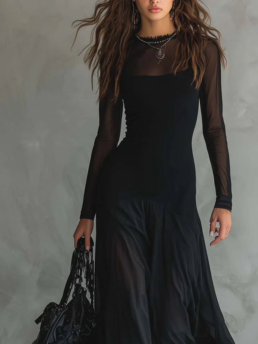 Luna - Vestido largo en tul negro con encanto